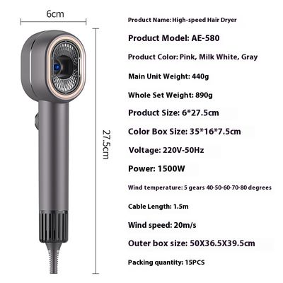 1500 W Yüksek Hızlı Saç Kurutma Makinesi, Yüksek Konsantrasyonlu Negatif İyonlar ve Hızlı Kurutma Saç Bakımı için Sabit Sıcaklık